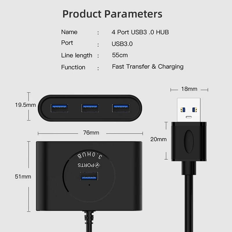 50cm High Speed 4 Ports USB 3.0 HUB With Power Supply USB3.0 Splitter OTG Adapter for iMac Laptop Desktop Computer Accessories