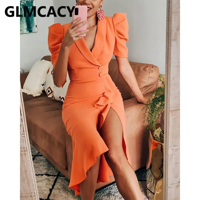 Women V-Cut Ruffle Hem Slit Wrap Midi Dress Elegant Office Ladies Work Dress Classy Blazer Dress Women V-Cut Ruffle Hem Slit Wrap Midi Dress Elegant Office Ladies Work Dress Classy Blazer Dress