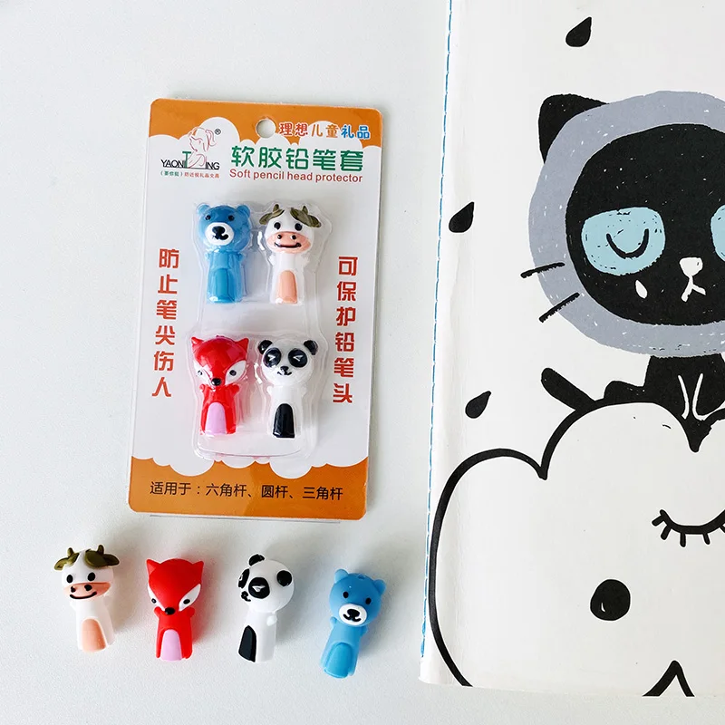 4 Pcs/pack Kawaii Soft Rubber Bear Panda Fox Cow Pen Pencil Cap