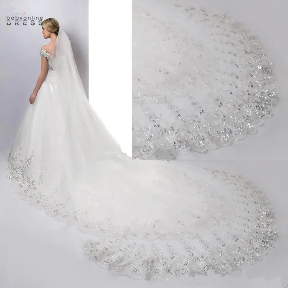 

Veu de Noiva Lace Edge Long Wedding Veil One Layer Soft Tulle Long Bridal Veil With Comb Voile Mariage Bling Bling Crystals
