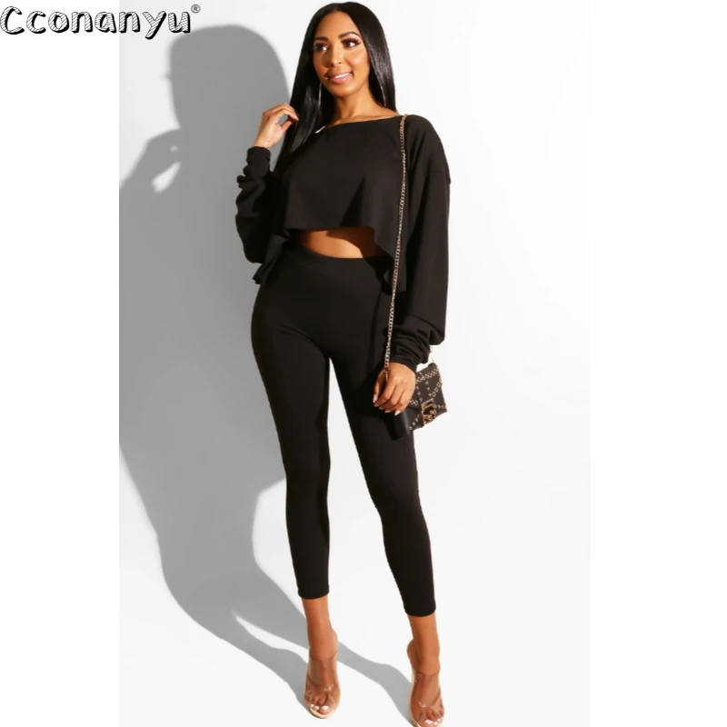 Женский костюм из двух предметов Женский пуловер с вырезом лодочкой Повседневная Женская свободная одежда и длинные штаны mujer - Цвет: Black