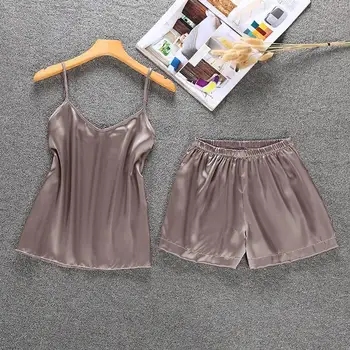 

Sexy Pyjamas Women Casual Sleepwear Sleeveless Silk Strap Nightwear Solid Satin Top Sets Underwear Style NightGowns Sleepwear