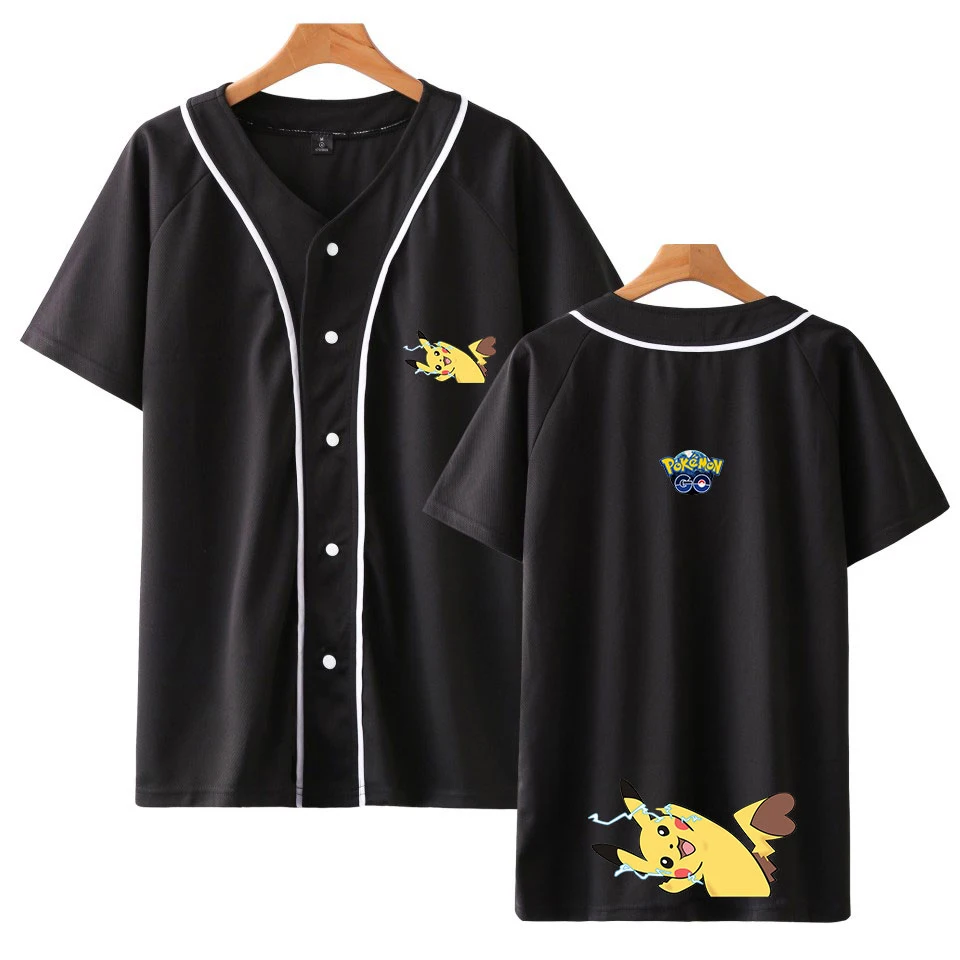 

Pokemon Pikachu Looser Fit Full-length Front Button Short Sleeve Shirt Mens/Women Baseball Jersey Cool Base Player Jersey