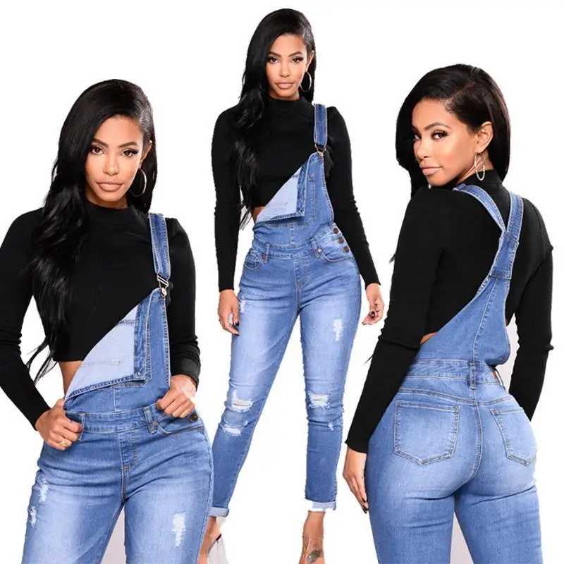 

Blue Hole Rippped Jumpsuits Women Plus Size 3xl Jeans Rompers Adjustable Strap Button Pockets Overalls Pencil Long Pants Femme
