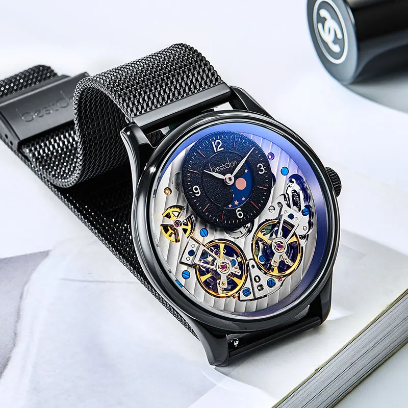 Black-black-mesh Bestdon Мужские автоматические механические часы с двойным Tourbillon, водонепроницаемые швейцарские часы со скелетом, мужские роскошные Брендовые Часы 7164 - Цвет: Black-black-mesh
