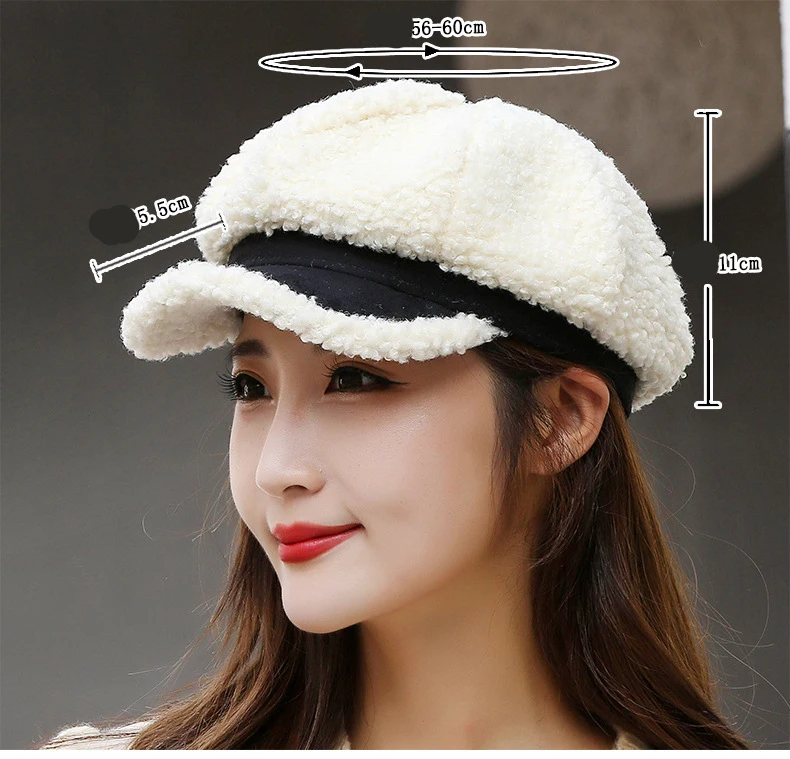 Winter Women's Cap Ladies Octagonal Hat Beret Lambswool Plush Warm Outdoor Female Visor Soft High Quality BT0057