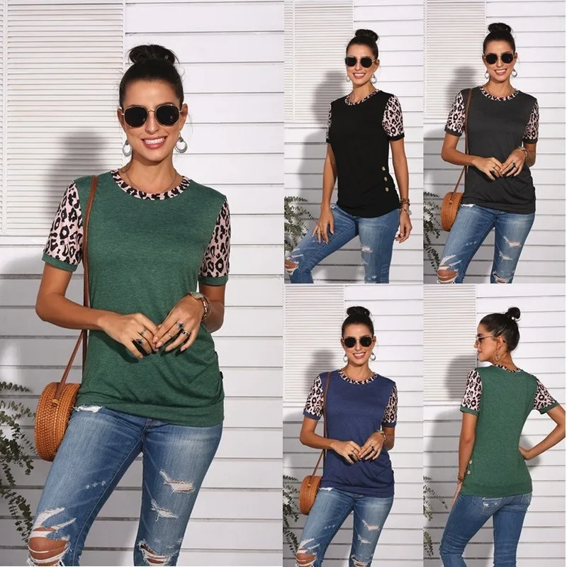 

Women Round Neck T-shirt with Leopard Stitching Buttons Shirt Summer Fashion Loose Women Short Sleeve Casual Street Style Shirt