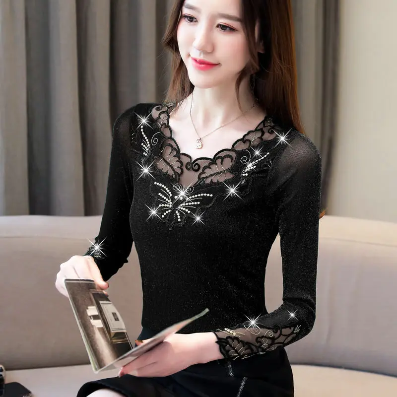 Lace Bottom Blouse Women's Long Sleeve 2019 Autumn Winter Shirts New Large Size Hollow Out Mesh Slim Shirt Fashion Blouses Tops