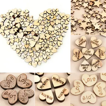 

100pcs Rustic Wooden Love Heart five-pointed Strar Mr. Mrs. Just Married Wedding Table Scatter Decoration Wood Crafts