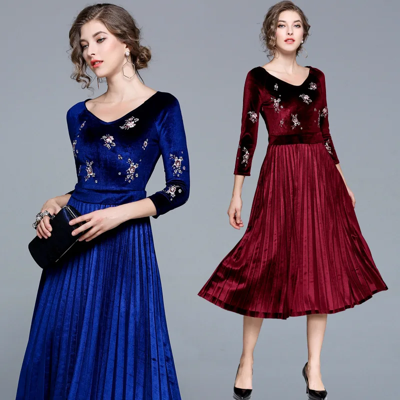 Элегантное женское красное бархатное зимнее платье с вышивкой, vestido de festa, рокабилли, плиссированное теплое рождественское платье Kerst Jurk K6143