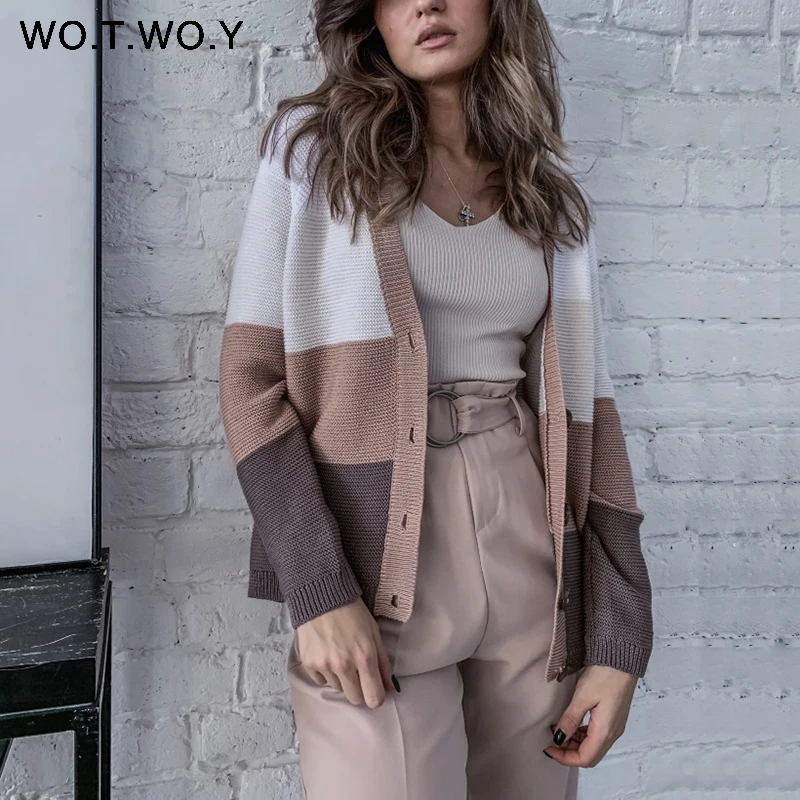 Ceny WOTWOY jesień zima dzianiny kobiety sweter płaszcz PatchWork przycisk v nceck Raglan rękaw znosić kobiet dorywczo kobiet otwórz ściegu