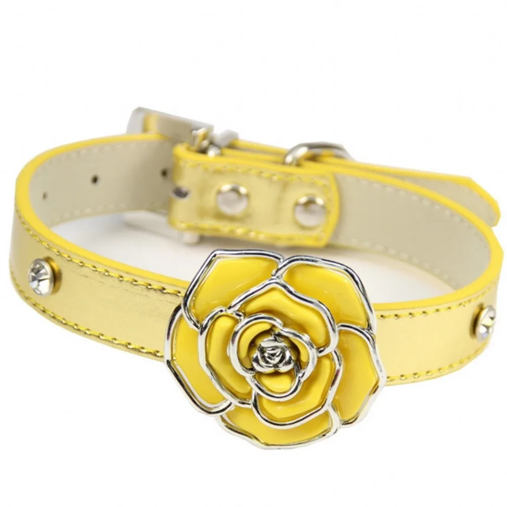 Gold Rhinestone Rose Pet Dog Collars Adjustable PU Leather Puppy Cat Collar Necklace For Small Medium Big Dogs Leash XS-L - Цвет: Gold