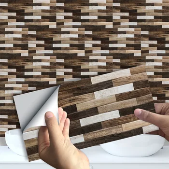 

10pcst/set Wood Color Rectangle Simulation Wall Tiles Wall Sticker Kitchen Washbasin Decoration Shine Surface Vinly Art Mural