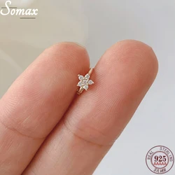 Real 925 Sterling Silver French Pavé Crystal Fashion Star Hoop Earrings Women14K Gold Plated Exquisite Party Jewelry Accessories