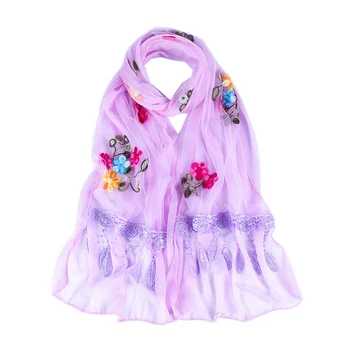 

double layer transparent yarn long scarfs women head scarf flower embroidery lace tassel hijab scarf bufanda mujer pink