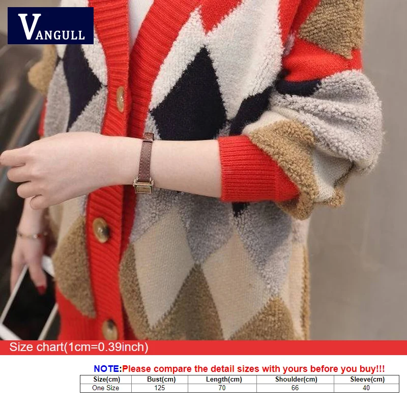 Vangull клетчатый кардиган свитер пэчворк толстый Открытый длинный вязаный женский свитер осень зима Повседневный v-образный вырез с пышными рукавами свитер