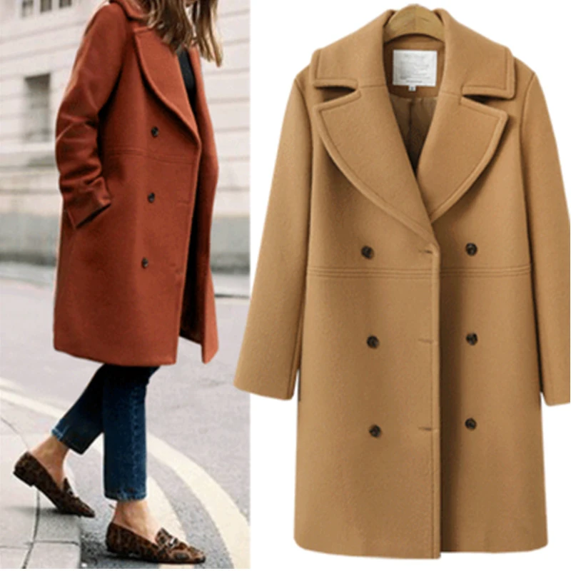 

2019 Autumn Winter European Style Women Jackets Plus Size Wool&Blends Midi-Long Outerwear Solid Color Loose Female Basic Coats