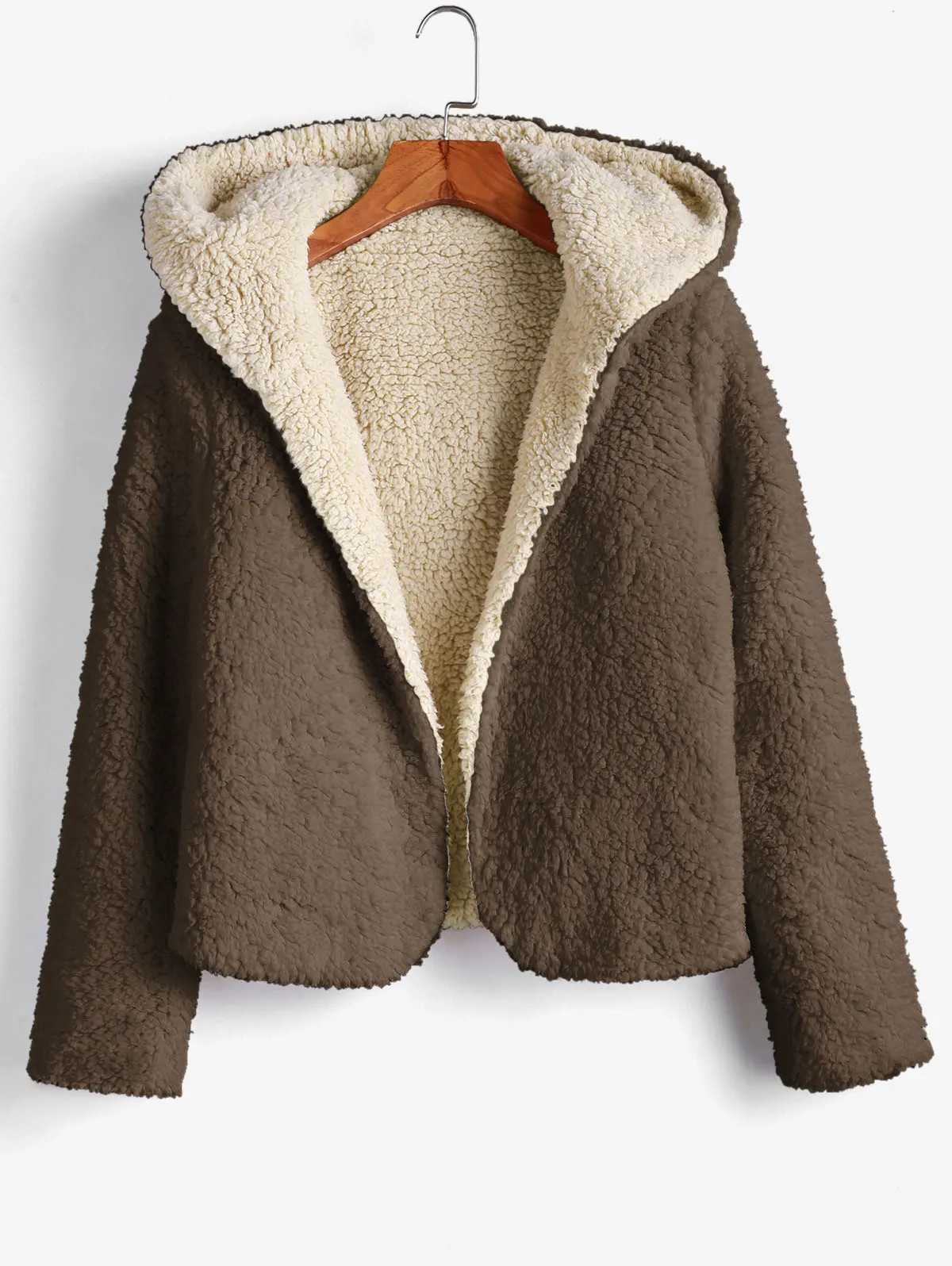 Coffee ZAFUL Winter Hooded Open Front Reversible Teddy Coat For Young Women Long Sleeve Wide-Waisted Soloid Color Two Sides Wear Tops - Цвет: Coffee