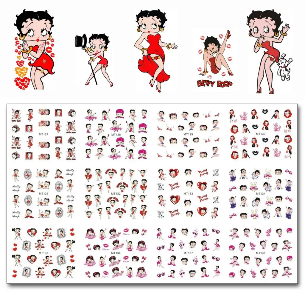 Nail Art 12 листов/уп, красивые Лот MT127-138 красный Betty Boop нейл-арта Переводные картинки Стикеры для инструмент для украшения ногтей(12 вариантов дизайна в 1