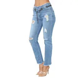 Женские джинсовые обтягивающие рваные брюки с высокой талией, растягивающиеся рваные джинсы тонкий карандаш, модные уличные брюки, рваные