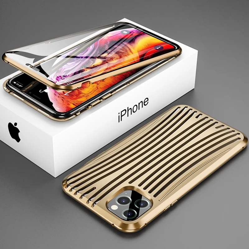 360 Защитный Магнитный чехол для телефона для iPhone 11 Pro Max 7 8 Plus X XS XR XSMax двусторонний чехол из закаленного стекла металлический чехол для костюма - Цвет: Золотой