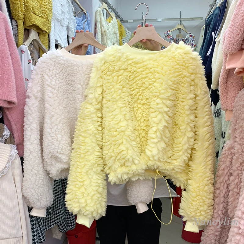 

Lamb Hoodies for Winen Autumn and Winter Loose Simple Solid Color Drawstring Furry Lambswool Thick Warm Pullover Sweatshirt