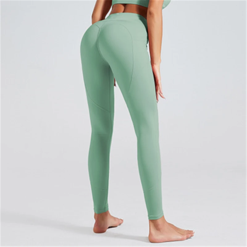 Леггинсы с карманами для фитнеса для женщин с высокой талией для йоги легинсы для бега пуш-ап женские дышащие спортивные штаны Бесшовные Леггинсы для женщин - Цвет: 6070 Green
