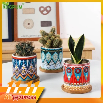 

National Style Ceramic Flower Pot Succulent Plant Pot Geometric Striped Flower Pot Manual Wooden Base Home Desktop Decoration