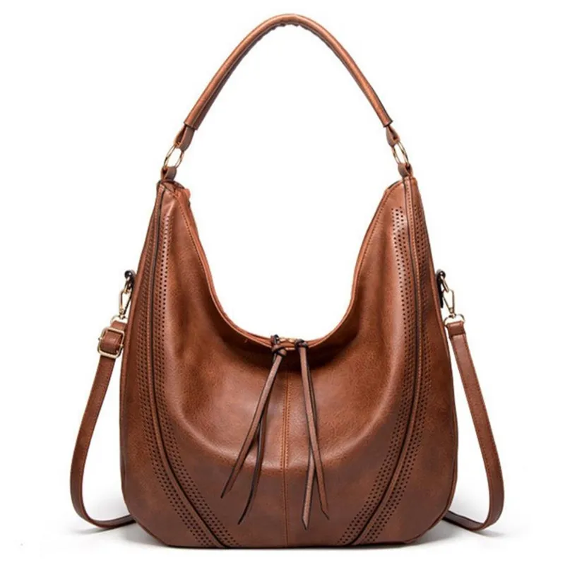 

2020 NEW Women's Fold hobo Bag Oil Wax Leather Retro Handbag Casual Tassel Cutout Shoulder Bag Tall Female Large handbag