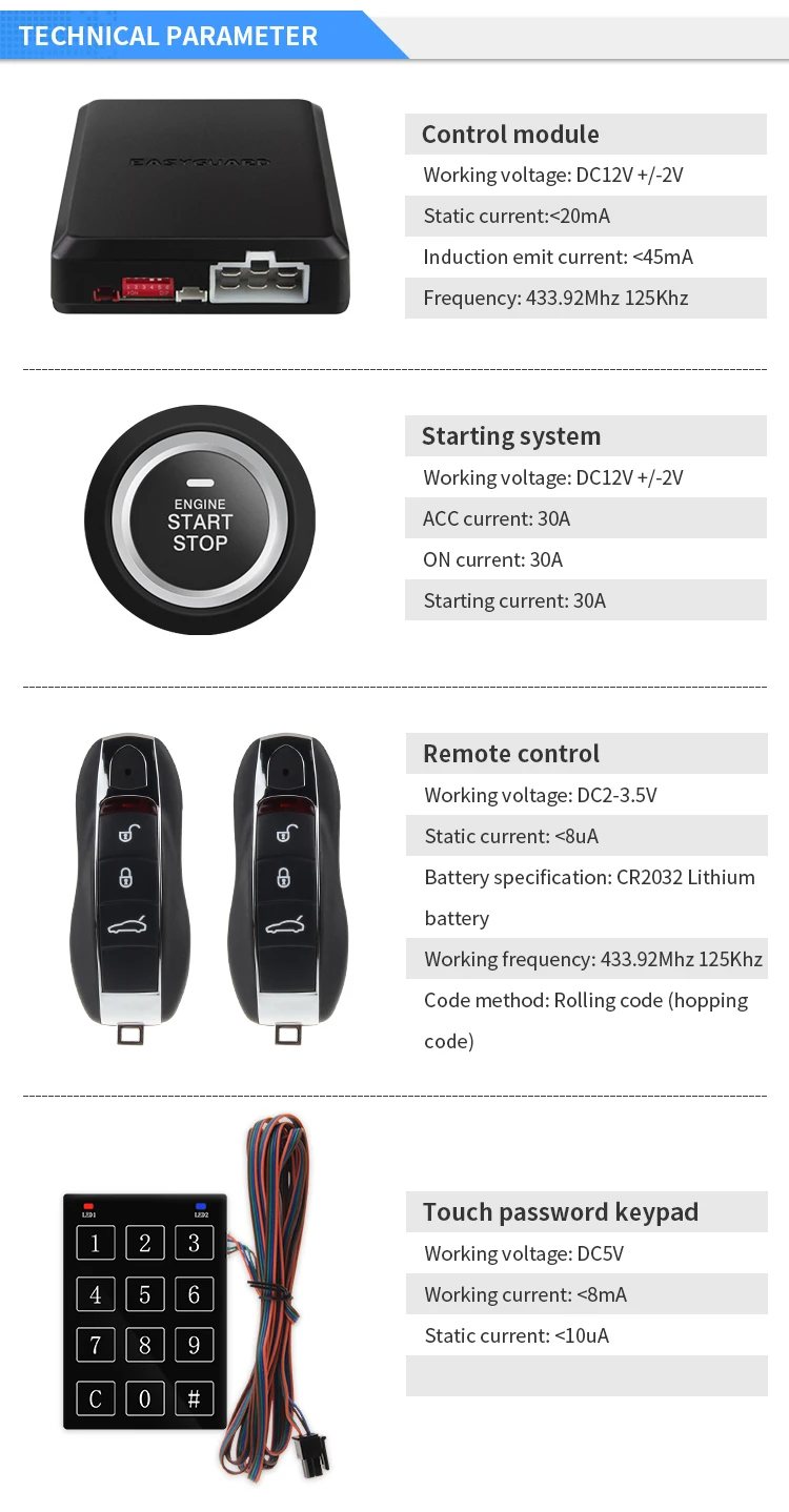 EASYGUARD PKE Универсальная автомобильная сигнализация с дистанционным запуском без ключа 12 в автомобильный двигатель пусковой кнопочный переключатель ввода паролей