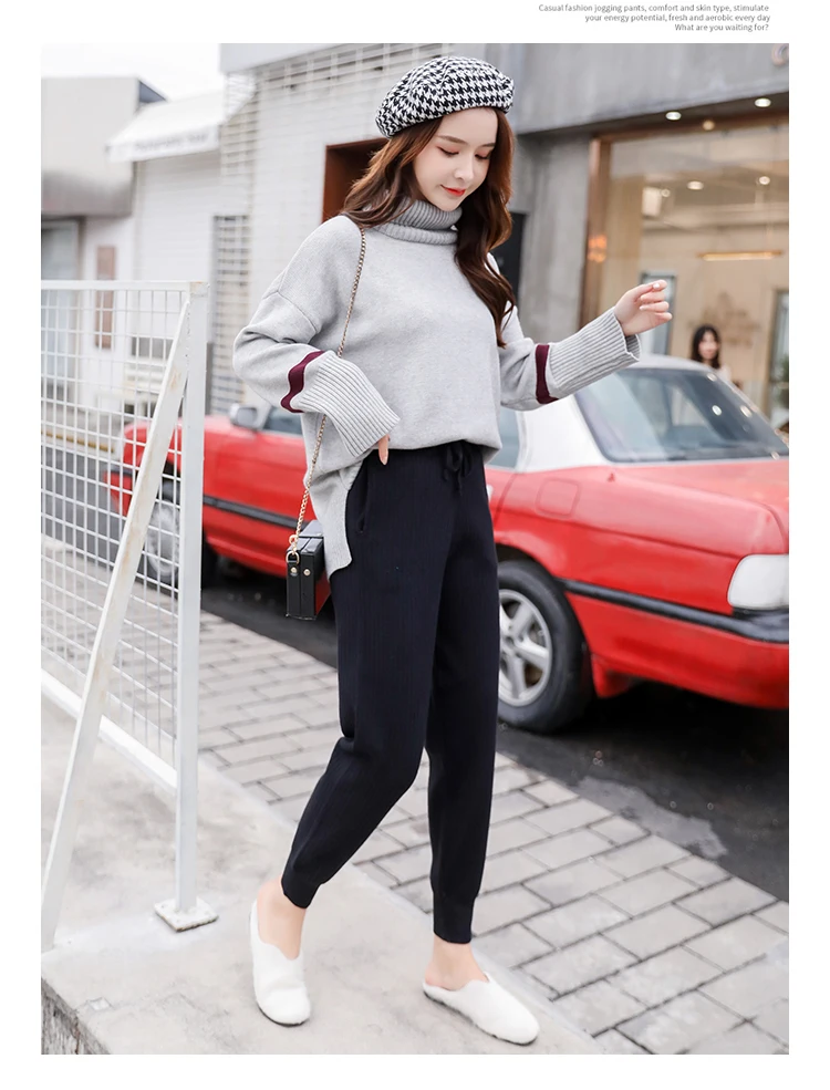 Knitted Harem Pants Women Drawstring Skinny Pants Mid Waist Trousers Pockets Knitted Striped Sweatpants Pantalon Femme 7285 50