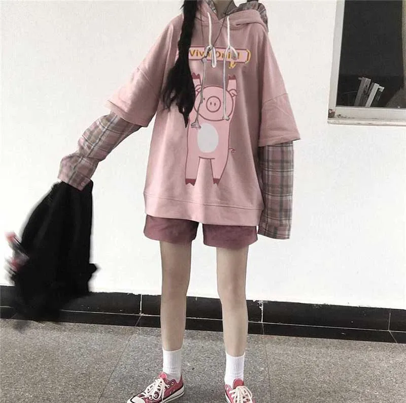 Осенняя Женская толстовка с капюшоном Mori Girl с милым розовым принтом поросенка, с капюшоном, в клетку, в стиле пэчворк, с длинным рукавом, толстовка, Женский Повседневный пуловер