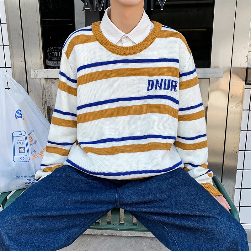 Winter New Sweater Men Warm Fashion Contrast Color Casual O-neck Sweater Pullover Street Loose Striped Sweater Male Clothes Winter New Sweater Men Warm Fashion Contrast Color Casual O-neck Sweater Pullover Street Loose Striped Sweater Male Clothes