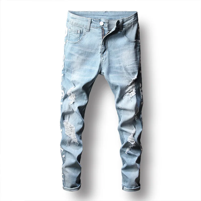 

2D Print holes men's jeans fall and winter new stretch slim light color worn men's jeans