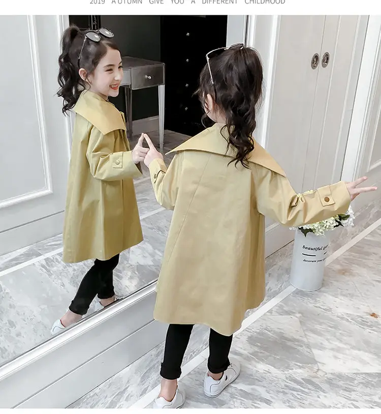 Детские тренчи для девочек детские новые модные пальто-тренчи в Корейском стиле свободные Куртки цвет хаки, ветровка, Детская верхняя одежда для подростков