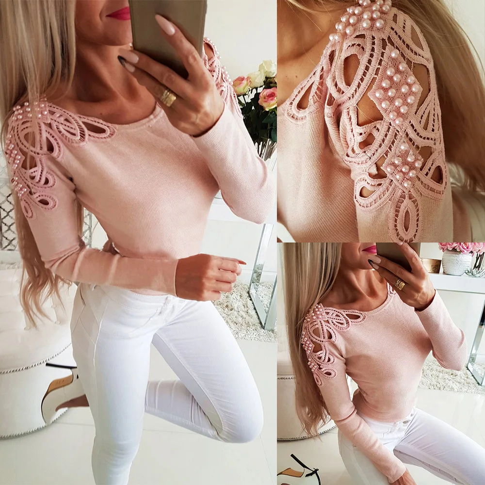 

women shirts hollow out slim solid color long sleeve beading elegant autumn top t shirt femme