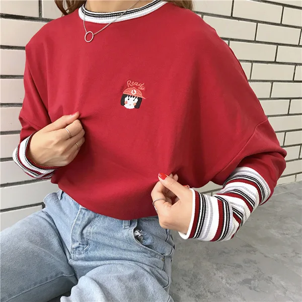 

Korean Stripe Patchwork T Shirt Cartoon Letter Embroidery T-shirt Long Sleeve O-neck T-shirt Women Causal T-Shirts