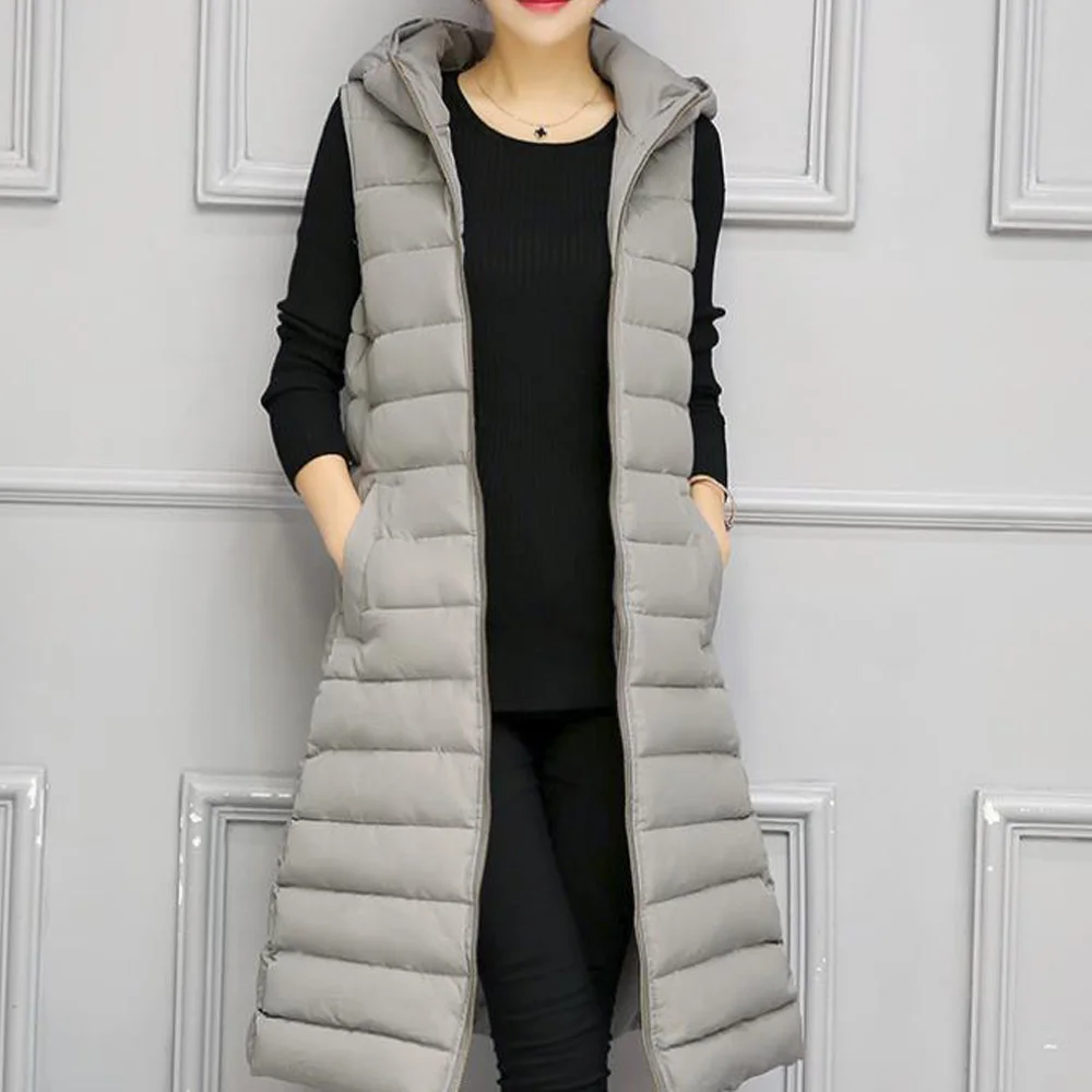 Grey Vest Длинная парка с капюшоном, женский жилет без рукавов, Осень-зима, толстый хлопковый мягкий жилет, теплый жилет, куртка, пальто, Colete Feminino - Цвет: Grey Vest