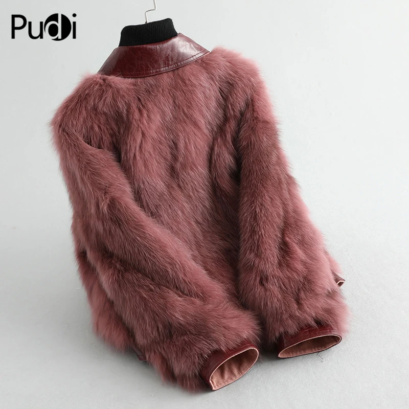 Pudi women winter real fox fur coat jacket lady warm natural fur coats jackets with genuine leather A59886
