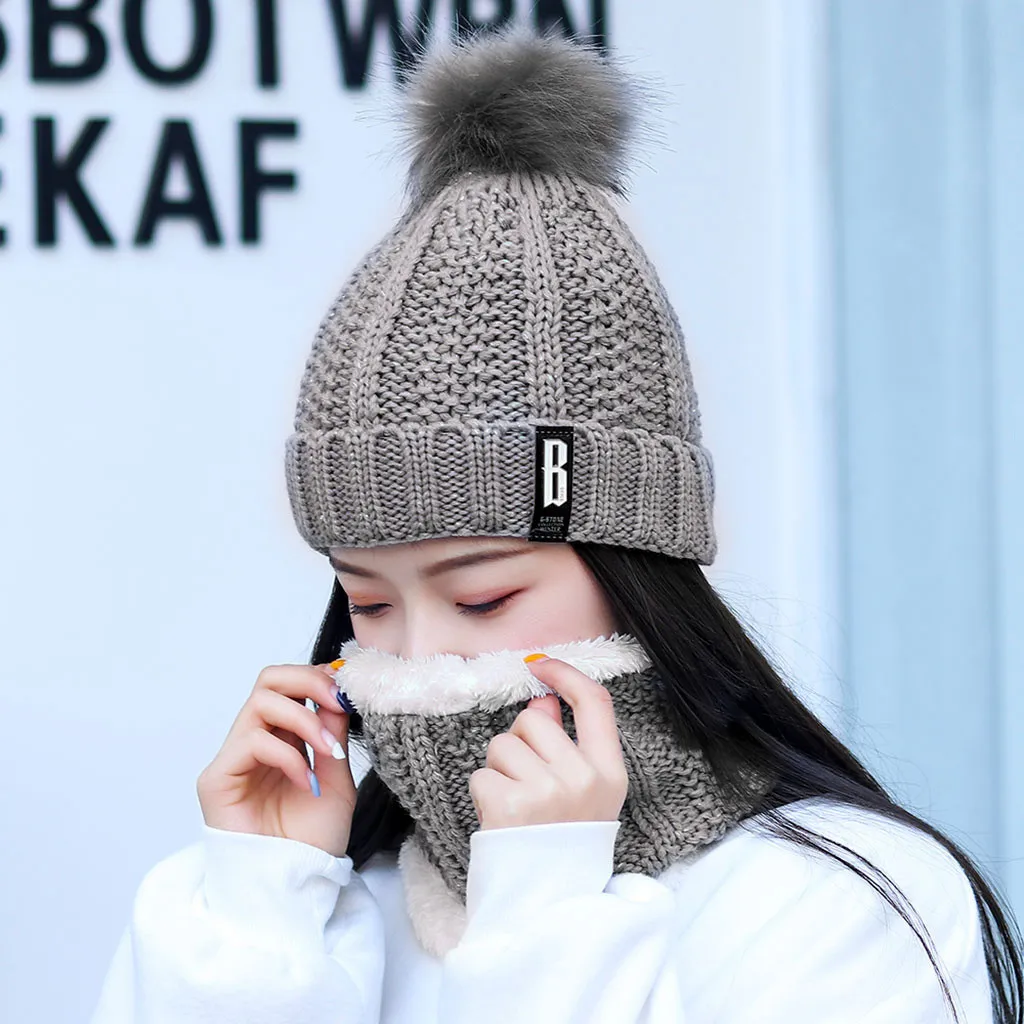 Women's Warm Solid Plus Thicken Scarf And Hat Two-Piece Knit Windproof Cap Winter Accessories Hat And Scarf Girls Gift Knitted