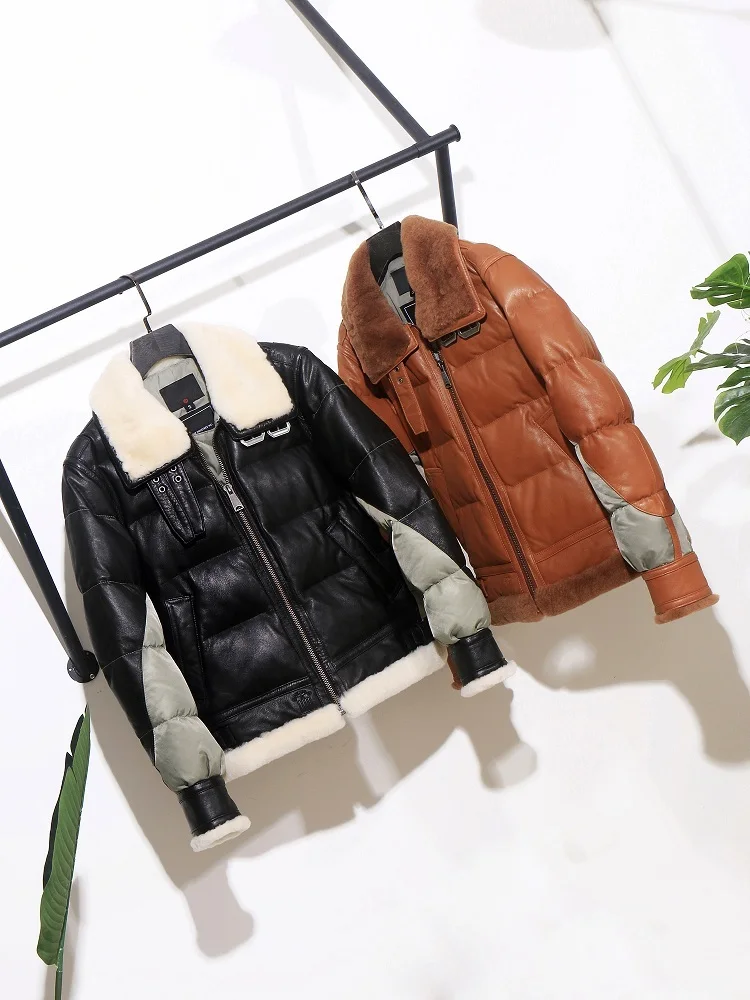 

Free shipping.sales.Brand new mens genuine leather jacket.winter warm white duck down coat.Wool.classic B3 style.fur jacket.