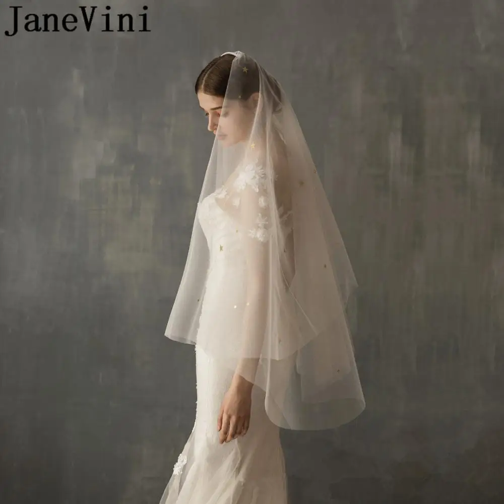 JaneVini, двухслойная свадебная вуаль с расческой, блестящие звезды, короткая свадебная вуаль, veu de noiva, Курто, обрезанная кромка, Тюлевая Фата, Tule Mariage