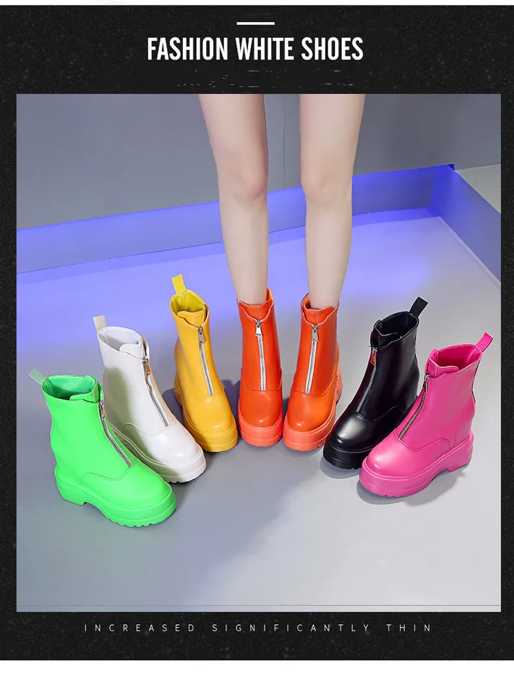 Женские разноцветные ботильоны; коллекция года; высокие кроссовки на платформе; осенние ботинки на молнии на танкетке 10 см; зимние кожаные ботинки на толстой подошве