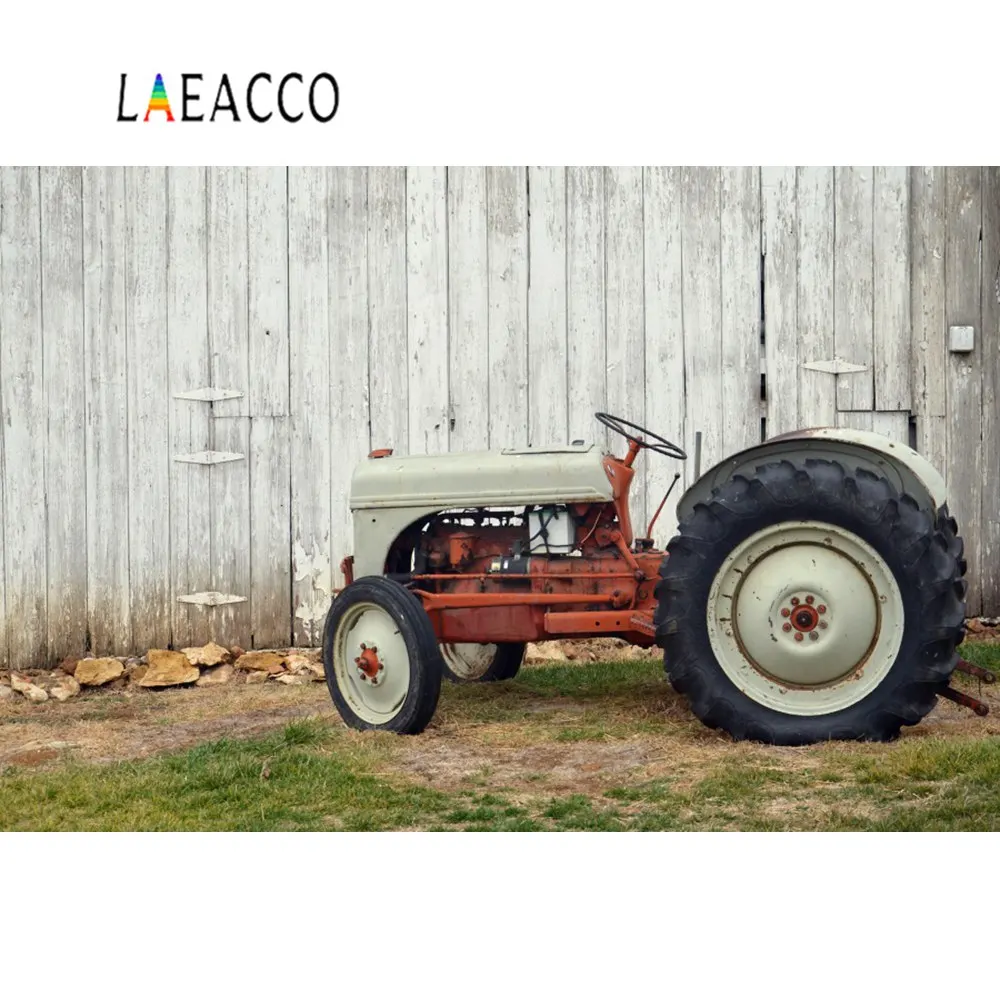 

Laeacco Old Tractor Gray Wooden Wall Lawn Rural Farm Portrait Scenic Photo Backgrounds Photography Backdrops For Photo Studio