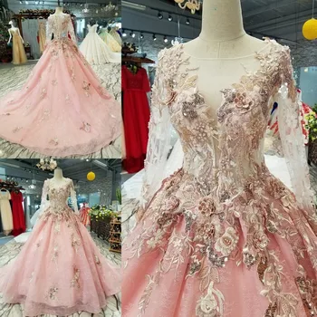 

Pink Luxurious Customize Handmade Lace Embroidery Wedding Dress Bridal Gown