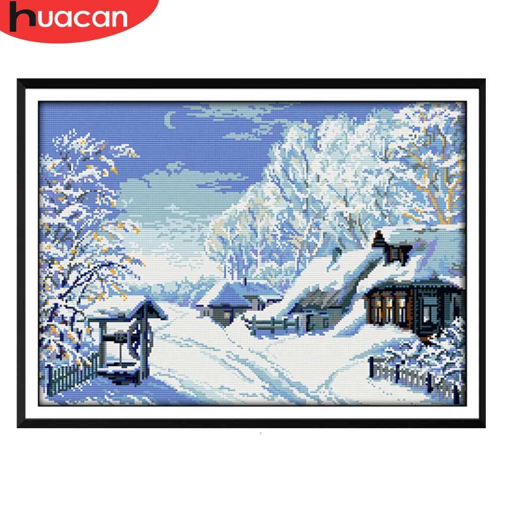 HUACAN Snow Night Christmas Counted 11CT 14CT Cross Stitch Set DIY DMC Embroidery Needlework Home Decor