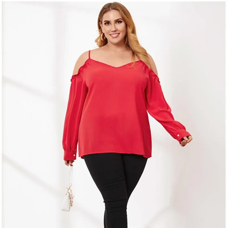 Women Fall Clothing 2020 V-Neck Loose Long Sleeve Top Fashion Casual 4XL Plus Size Blouses Solid Color Women Pullovers Autumn photo
