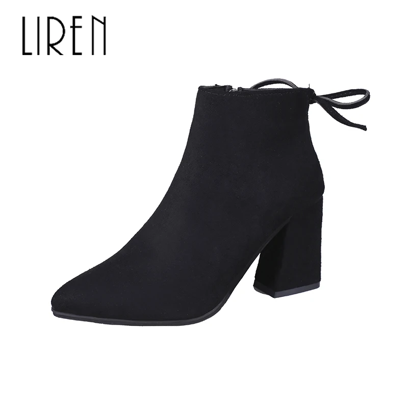 

Liren 2019 Winter Women Flock Ankle Zip Boots Pointed Wrapped Toe Med High Square Heels Lady Keep Warm Boots Comfortable Shoes