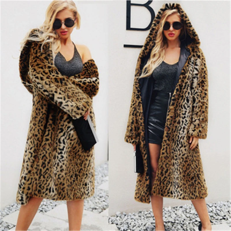 S-6XL New Fashion female Winter Trench Coat thickened warm Plush Coat long leopard fur Imitation fur Coat Women Winter Clothing