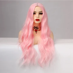 MANWEI Ombre Black Pink Wig Long Wavy Synthetic wig for Women wigs Cosplay Middle Part Natural Wigs Heat Resistant Fiber Hair